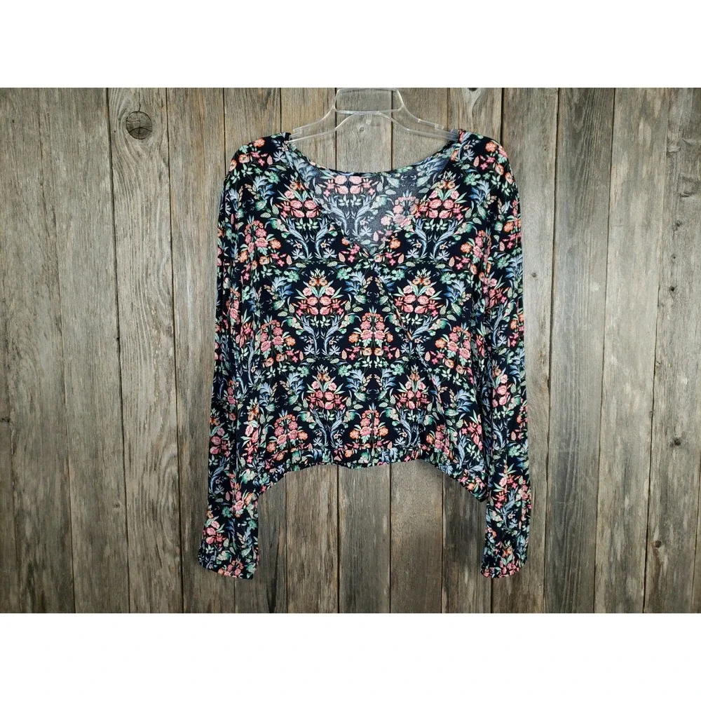 NEW Loft‎ L Navy Blue Floral V Back Puff Sleeve Top Cottage Boho Bloom Romantic